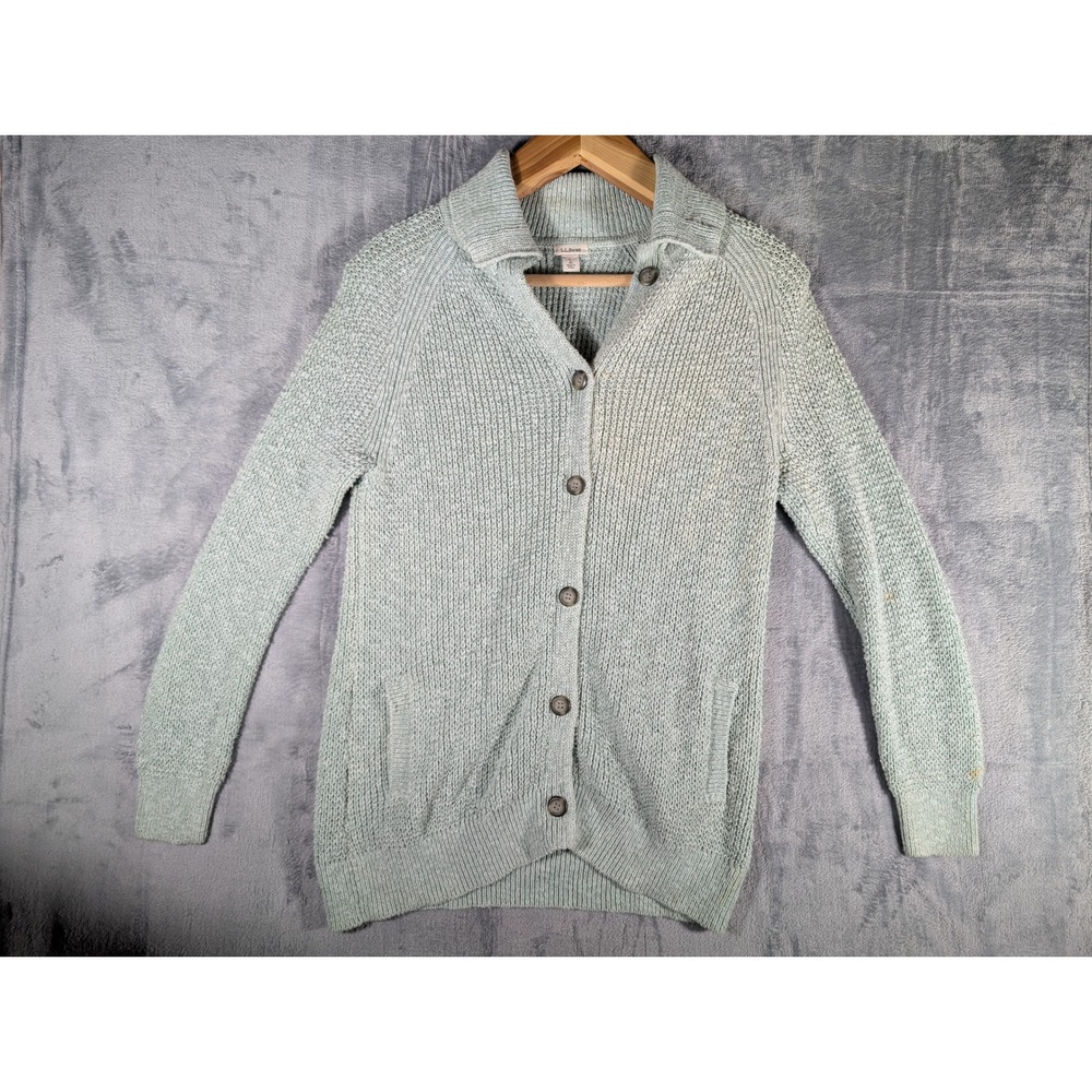 L.L. Bean Women's Large Light Blue Cotton Knit Cardigan Sweater Button Front vtg